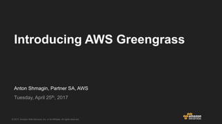 © 2017, Amazon Web Services, Inc. or its Affiliates. All rights reserved.
Webinars
Anton Shmagin, Partner SA, AWS
Tuesday, April 25th, 2017
Introducing AWS Greengrass
 