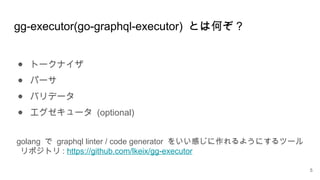 gg-executor(go-graphql-executor) とは何ぞ？
● トークナイザ
● パーサ
● バリデータ
● エグゼキュータ (optional)
5
golang で graphql linter / code generator をいい感じに作れるようにするツール
リポジトリ : https://github.com/lkeix/gg-executor
 