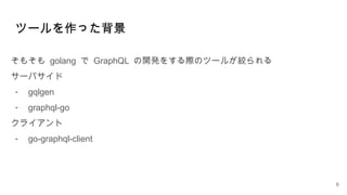 ツールを作った背景
6
そもそも golang で GraphQL の開発をする際のツールが絞られる
サーバサイド
- gqlgen
- graphql-go
クライアント
- go-graphql-client
 