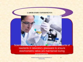 4/9/2024
19
LABORATORY EXPERIMENTS
Designing Standards-Based Learning Modules for
Understanding
Scientists measuring and mixing precise amounts of
reactants in laboratory glassware to ensure
stoichiometric ratios are maintained during
experiments.
 