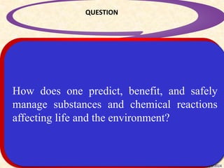 4/9/2024
41
QUESTION
Designing Standards-Based Learning
Modules for Understanding
How does one predict, benefit, and safely
manage substances and chemical reactions
affecting life and the environment?
 