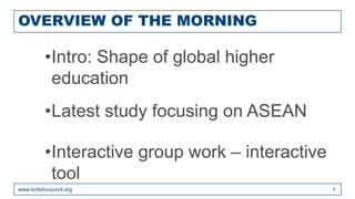OVERVIEW OF THE MORNING
•Intro: Shape of global higher
education
•Latest study focusing on ASEAN
•Interactive group work – interactive
tool
www.britishcouncil.org 1
 