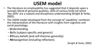 USEM model
• The literature on employability has suggested that it depends upon a
synergic blend of personal qualities, skills of various kinds (of which
‘key skills’ are a subset) and disciplinary understanding (Knight & Yorke,
2002).
• The USEM model developed from the concept of ‘capability’ combines
the interpretation of the literature with insights from cognitive and
social psychology:
− Understanding
− Skills (subject-specific and generic)
− Efficacy beliefs (and self-theories generally)
− Metacognition (including reflection).
(Knight & Yorke, 2002)
 