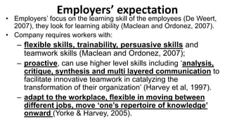 • Employers’ focus on the learning skill of the employees (De Weert,
2007), they look for learning ability (Maclean and Ordonez, 2007).
• Company requires workers with:
– flexible skills, trainability, persuasive skills and
teamwork skills (Maclean and Ordonez, 2007);
– proactive, can use higher level skills including ‘analysis,
critique, synthesis and multi layered communication to
facilitate innovative teamwork in catalyzing the
transformation of their organization’ (Harvey et al, 1997).
– adapt to the workplace, flexible in moving between
different jobs, move ‘one’s repertoire of knowledge’
onward (Yorke & Harvey, 2005).
Employers’ expectation
 