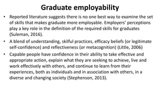 Graduate employability
• Reported literature suggests there is no one best way to examine the set
of skills that makes graduate more employable. Employers’ perceptions
play a key role in the definition of the required skills for graduates
(Suleman, 2016).
• A blend of understanding, skilful practices, efficacy beliefs (or legitimate
self-confidence) and reflectiveness (or metacognition) (Little, 2006)
• Capable people have confidence in their ability to take effective and
appropriate action, explain what they are seeking to achieve, live and
work effectively with others, and continue to learn from their
experiences, both as individuals and in association with others, in a
diverse and changing society (Stephenson, 2013).
 