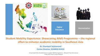 Student Mobility Experience: Showcasing AIMS Programme – the regional
effort to enhance academic mobility in Southeast Asia
Harmonizatio
n
Higher
Education
Dr. Chantavit Sujatanond
Centre Director, SEAMEO RIHED
Going Global 2018, Breakfast Session: Student Mobility Experience – Malaysia Truly International
4 May 2018, Kuala Lumpur, Malaysia
Harmonisation
 