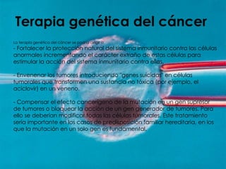 Terapia genética del cáncer  La terapia genética del cáncer se podría dirigir a:  - Fortalecer la protección natural del sistema inmunitario contra las células anormales incrementando el carácter extraño de estas células para estimular la acción del sistema inmunitario contra ellas. - Envenenar los tumores introduciendo "genes suicidas" en células tumorales que transformen una sustancia no tóxica (por ejemplo, el aciclovir) en un veneno. - Compensar el efecto cancerígeno de la mutación en un gen supresor de tumores o bloquear la acción de un gen generador de tumores. Para ello se deberían modificar todas las células tumorales. Este tratamiento sería importante en los casos de predisposición familiar hereditaria, en los que la mutación en un solo gen es fundamental. 