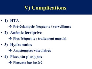 V) Complications
• 1) HTA
 Pré-éclampsie fréquente / surveillance
• 2) Anémie ferriprive
 Plus fréquente / traitement martial
• 3) Hydramnios
 Anastomoses vasculaires
• 4) Placenta plus gros
 Placenta bas inséré
 