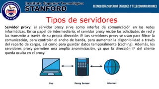 Tipos de servidores
Servidor proxy: el servidor proxy sirve como interfaz de comunicación en las redes
informáticas. En su papel de intermediario, el servidor proxy recibe las solicitudes de red y
las transmite a través de su propia dirección IP. Los servidores proxy se usan para filtrar la
comunicación, para controlar el ancho de banda, para aumentar la disponibilidad a través
del reparto de cargas, así como para guardar datos temporalmente (caching). Además, los
servidores proxy permiten una amplia anonimización, ya que la dirección IP del cliente
queda oculta en el proxy.
 