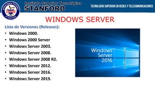 WINDOWS SERVER
Lista de Versiones (Releases):
• Windows 2000.
• Windows 2000 Server
• Windows Server 2003.
• Windows Server 2008.
• Windows Server 2008 R2.
• Windows Server 2012.
• Windows Server 2016.
• Windows Server 2019.
 