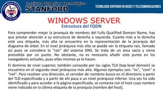 WINDOWS SERVER
Estructura del FQDN
Para comprender mejor la jerarquía de nombres del Fully Qualified Domain Name, hay
que prestar atención a su estructura de derecha a izquierda. Cuanto más a la derecha
esté una etiqueta, más alta se encuentra en la representación de la jerarquía del
diagrama de árbol. En el nivel jerárquico más alto se puede ver la etiqueta raíz, llamada
así pues se considera la "raíz" del sistema DNS. Se trata de un área vacía y viene
precedida por un punto. No obstante, no es necesario añadir este punto en los
navegadores actuales, pues ellos mismos ya lo hacen.
El dominio de nivel superior, también conocido por las siglas TLD (top-level domain) se
encuentra en el segundo nivel jerárquico más alto. Algunos ejemplos son: "es", "com" o
"net". Para resolver una dirección, el servidor de nombres busca en el directorio a partir
del TLD especificado y a partir de ahí pasa a un nivel jerárquico inferior. Una vez ha sido
identificado y para acceder a la página especificada, se contacta con el host cuyo nombre
viene indicado en la última etiqueta de la jerarquía (nombre del host).
 