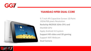 YUANDAO N90II DUAL CORE

9.7 inch IPS Capacitive Screen 10 Point
1024x768 pixels Resolution
Rockchip RK2918 1GHz CPU and
Mali400 GPU
Apply Android 4.0 system
Support HD video and 3D gaming
Support Wifi Webcam
Dual Camera
 