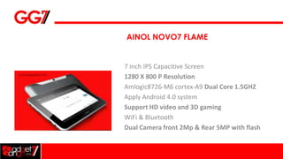 AINOL NOVO7 FLAME


7 inch IPS Capacitive Screen
1280 X 800 P Resolution
Amlogic8726-M6 cortex-A9 Dual Core 1.5GHZ
Apply Android 4.0 system
Support HD video and 3D gaming
WiFi & Bluetooth
Dual Camera front 2Mp & Rear 5MP with flash
 