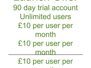 Launch Offer
90 day trial account
  Unlimited users
 £10 per user per
      month
 £10 per user per
      month
 £10 per user per
 