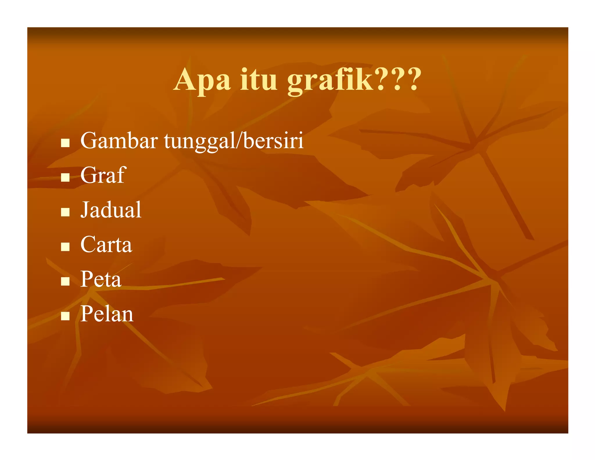 Apa itu grafik???
Gambar tunggal/bersiri
Graf
Jadual
Carta
Peta
Pelan
 