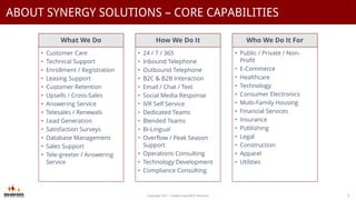 Copyright 2017 - Golden Gate BPO Solutions 5
ABOUT SYNERGY SOLUTIONS – CORE CAPABILITIES
What We Do
• Customer Care
• Technical Support
• Enrollment / Registration
• Leasing Support
• Customer Retention
• Upsells / Cross-Sales
• Answering Service
• Telesales / Renewals
• Lead Generation
• Satisfaction Surveys
• Database Management
• Sales Support
• Tele-greeter / Answering
Service
How We Do It
• 24 / 7 / 365
• Inbound Telephone
• Outbound Telephone
• B2C & B2B Interaction
• Email / Chat / Text
• Social Media Response
• IVR Self Service
• Dedicated Teams
• Blended Teams
• Bi-Lingual
• Overflow / Peak Season
Support
• Operations Consulting
• Technology Development
• Compliance Consulting
Who We Do It For
• Public / Private / Non-
Profit
• E-Commerce
• Healthcare
• Technology
• Consumer Electronics
• Multi-Family Housing
• Financial Services
• Insurance
• Publishing
• Legal
• Construction
• Apparel
• Utilities
 