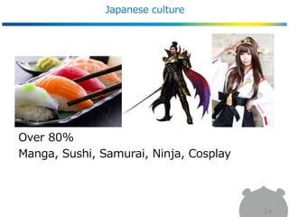Japanese culture
24
Over 80%
Manga, Sushi, Samurai, Ninja, Cosplay
 