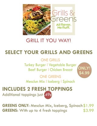 GRILL IT YOU WAY!

 SELECT YOUR GRILLS AND GREENS
                      ONE GRILLS
            Turkey Burger l Vegetable Burger
              Beef Burger l Chicken Breast ONLY!
                                               $4.99
                     ONE GREENS
             Mesclun Mix l Iceberg l Spinach
INCLUDES 2 FRESH TOPPINGS
Additional toppings just .49¢

GREENS ONLY: Mesclun Mix, Iceberg, Spinach $1.99
GREENS: With up to 4 fresh toppings        $3.99
 