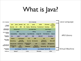 What is Java?
Virtual Machine
API/Library
Java Language
 