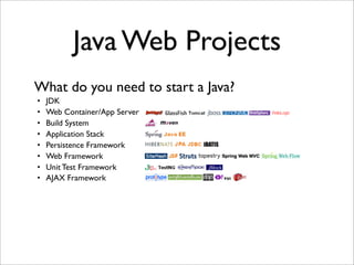 Java Web Projects
• JDK
• Web Container/App Server
• Build System
• Application Stack
• Persistence Framework
• Web Framework
• Unit Test Framework
• AJAX Framework
What do you need to start a Java?
 