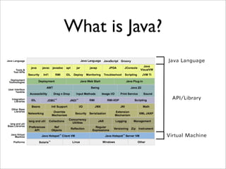 What is Java?
Virtual Machine
API/Library
Java LanguageJavaScript Groovy
 