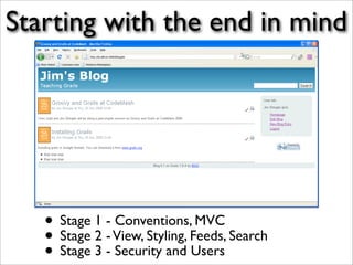 Starting with the end in mind
• Stage 1 - Conventions, MVC
• Stage 2 -View, Styling, Feeds, Search
• Stage 3 - Security and Users
 