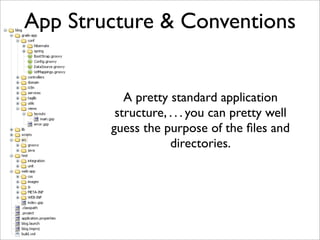 App Structure & Conventions
A pretty standard application
structure, . . . you can pretty well
guess the purpose of the ﬁles and
directories.
 