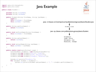import java.util.ArrayList;
import java.util.List;
public class Student {
private String firstName;
private String lastName;
public Student(String firstName, String lastName) {
super();
this.firstName = firstName;
this.lastName = lastName;
}
public String getFirstName() {
return firstName;
}
public void setFirstName(String firstName) {
this.firstName = firstName;
}
public String getLastName() {
return lastName;
}
public void setLastName(String lastName) {
this.lastName = lastName;
}
public static void main(String[] args) {
List<Student> students = new ArrayList<Student>();
students.add(new Student("Chris", "Judd"));
students.add(new Student("Jim", "Shingler"));
students.add(new Student("Joseph", "Nusairat"));
System.out.println("Students:");
for (Student student : students) {
System.out.println(student.getLastName() + ", " + student.getFirstName());
}
}
}
javac -d classes srcmainjavacomjuddsolutionsgroovybasicsStudent.java
java -cp classes com.juddsolutions.groovy.basics.Student
Student.class
Students:
Judd, Chris
Shingler, Jim
Nusairat, Joseph
Java Example
 