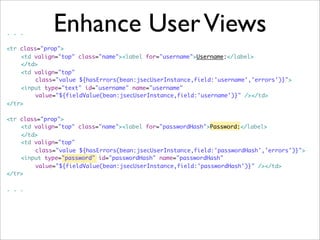 Enhance UserViews. . .
<tr class="prop">
	 <td valign="top" class="name"><label for="username">Username:</label>
	 </td>
	 <td valign="top"
	 	 class="value ${hasErrors(bean:jsecUserInstance,field:'username','errors')}">
	 <input type="text" id="username" name="username"
	 	 value="${fieldValue(bean:jsecUserInstance,field:'username')}" /></td>
</tr>
<tr class="prop">
	 <td valign="top" class="name"><label for="passwordHash">Password:</label>
	 </td>
	 <td valign="top"
	 	 class="value ${hasErrors(bean:jsecUserInstance,field:'passwordHash','errors')}">
	 <input type="password" id="passwordHash" name="passwordHash"
	 	 value="${fieldValue(bean:jsecUserInstance,field:'passwordHash')}" /></td>
</tr>
. . .
 