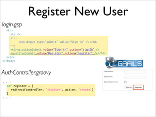 Register New User
<tr>
<td />
<!--
<td><input type="submit" value="Sign in" /></td>
-->
<td><g:actionSubmit value="Sign in" action="signIn" />
<g:actionSubmit value="Register" action="register" /></td>
</tr>
</tbody>
login.gsp
. . .	
def register = {
redirect(controller: 'jsecUser', action: 'create')
}
. . .
AuthController.groovy
 