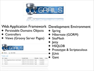 Web Application Framework
Persistable Domains Objects
Controllers
Views (Groovy Server Pages)
Development Environment
Spring
Hibernate (GORM)
SiteMesh
Jetty
HSQLDB
Prototype & Scriptaculous
JUnit
Gant
 