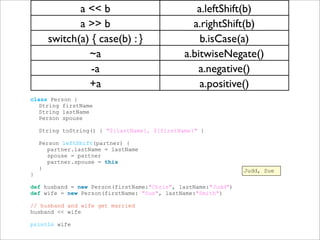 a << b a.leftShift(b)
a >> b a.rightShift(b)
switch(a) { case(b) : } b.isCase(a)
~a a.bitwiseNegate()
-a a.negative()
+a a.positive()
class Person {
String firstName
String lastName
Person spouse
String toString() { "${lastName}, ${firstName}" }
Person leftShift(partner) {
partner.lastName = lastName
spouse = partner
partner.spouse = this
}
}
def husband = new Person(firstName:"Chris", lastName:"Judd")
def wife = new Person(firstName: "Sue", lastName:"Smith")
// husband and wife get married
husband << wife
println wife
Judd, Sue
 