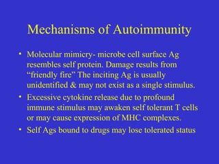 Mechanisms of Autoimmunity
• Molecular mimicry- microbe cell surface Ag
resembles self protein. Damage results from
“friendly fire” The inciting Ag is usually
unidentified & may not exist as a single stimulus.
• Excessive cytokine release due to profound
immune stimulus may awaken self tolerant T cells
or may cause expression of MHC complexes.
• Self Ags bound to drugs may lose tolerated status
 