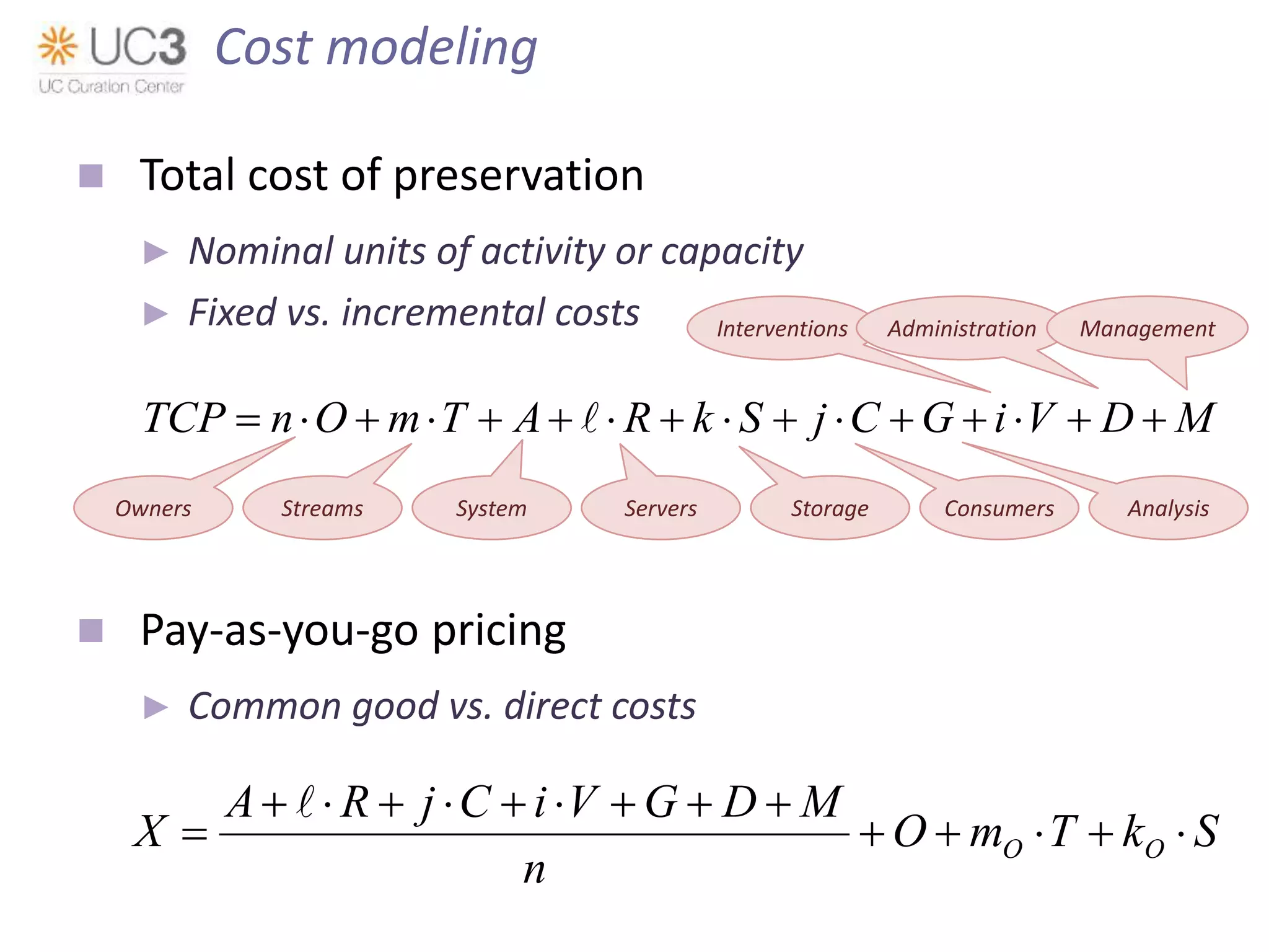  Total cost of preservation
► Nominal units of activity or capacity
► Fixed vs. incremental costs
 Pay-as-you-go pricing
► Common good vs. direct costs
MDViGCjSkRATmOnTCP  
SkTmO
n
MDGViCjRA
X OO 



Cost modeling
Owners Streams System Servers Storage Consumers Analysis
Interventions Administration Management
 