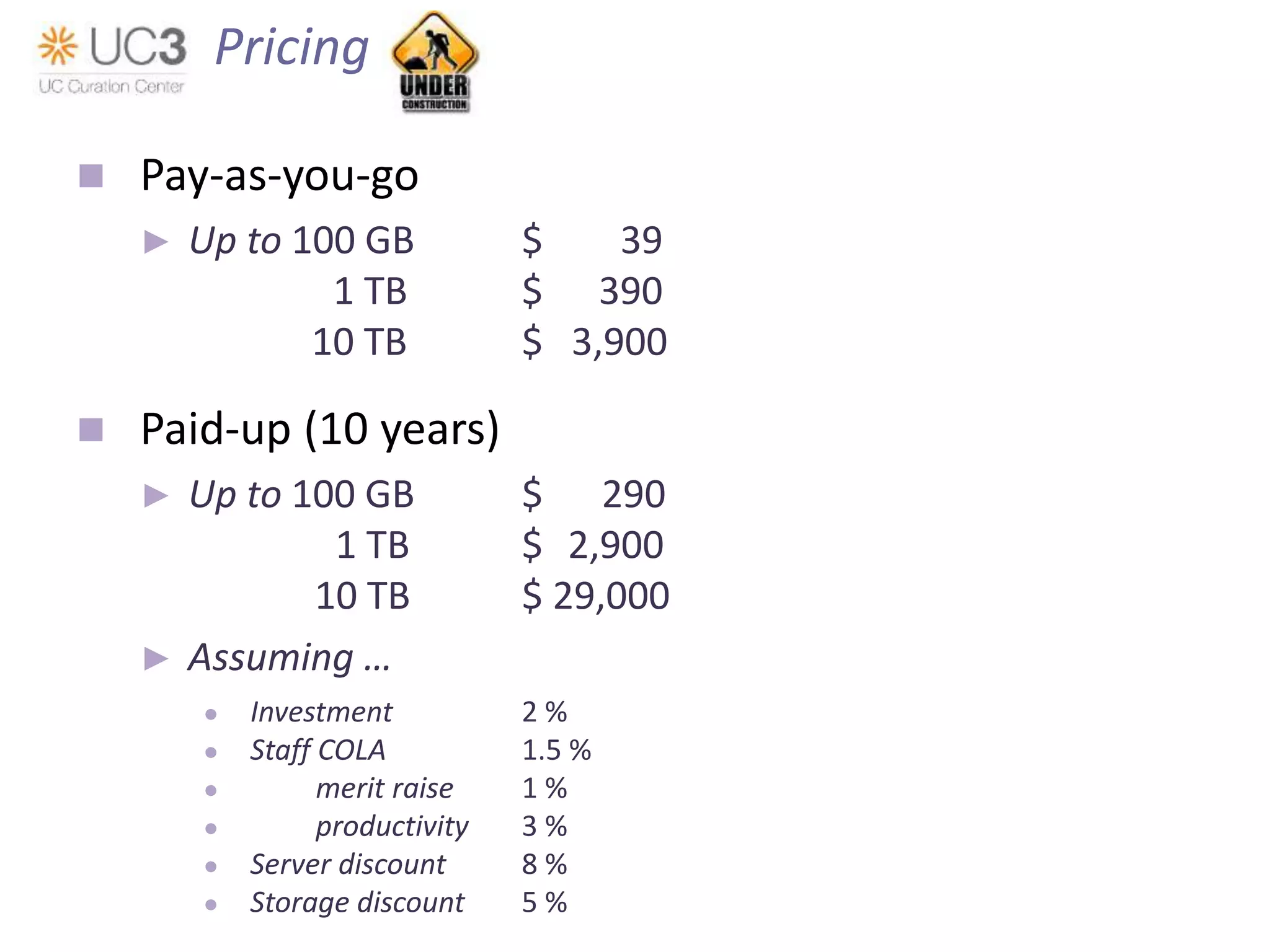  Pay-as-you-go
► Up to 100 GB $ 39
1 TB $ 390
10 TB $ 3,900
 Paid-up (10 years)
► Up to 100 GB $ 290
1 TB $ 2,900
10 TB $ 29,000
► Assuming …
● Investment 2 %
● Staff COLA 1.5 %
● merit raise 1 %
● productivity 3 %
● Server discount 8 %
● Storage discount 5 %
Pricing
 