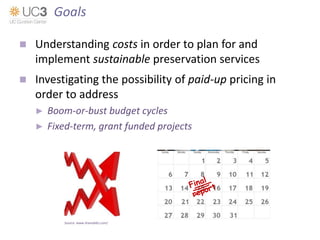  Understanding costs in order to plan for and
implement sustainable preservation services
 Investigating the possibility of paid-up pricing in
order to address
► Boom-or-bust budget cycles
► Fixed-term, grant funded projects
Source: www.sharedidiz.com/
Goals
 