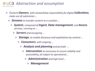 ► Content Owners, with stewardship responsibility for digital Collections,
make use of submission …
► Streams to transfer content to a curation …
► System, composed of Ingest, Data management, and Access
services, running on …
► Servers and occupying …
► Storage, to enable discovery and exploitation by content …
► Consumers, with ongoing …
► Analysis and planning and periodic …
► Intervention as necessary to ensure viability and
accessibility, all subject to operational …
► Administration and high-level …
► Management
Abstraction and assumption
 