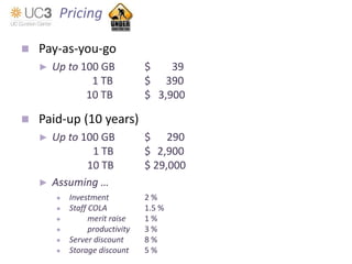  Pay-as-you-go
► Up to 100 GB $ 39
1 TB $ 390
10 TB $ 3,900
 Paid-up (10 years)
► Up to 100 GB $ 290
1 TB $ 2,900
10 TB $ 29,000
► Assuming …
● Investment 2 %
● Staff COLA 1.5 %
● merit raise 1 %
● productivity 3 %
● Server discount 8 %
● Storage discount 5 %
Pricing
 