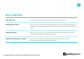 14
The essential guide to becoming an enterprise app rock star (Part 2)
Error reduction
•	 How much faster can a service agent detect a fault with mobile workflow automation or
advanced technology such as augmented reality?
•	 How much time did staff previously spend organizing and filing new content?
•	 What about time spent destroying old paper copies?
•	 How much can you reduce return-to-base requirements if your enterprise app provides a
manifest of parts needing replacement in field staff vans before the service agent leaves the
depot?
•	 How much time did staff previously spend correcting data entry errors?Direct data entry
Automated parts control
Automated process
Always up-to-date reference material
 