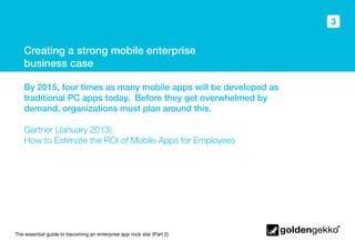 The essential guide to becoming an enterprise app rock star (Part 2)
3
Creating a strong mobile enterprise
business case
By 2015, four times as many mobile apps will be developed as
traditional PC apps today. Before they get overwhelmed by
demand, organizations must plan around this.
Gartner (January 2013)
How to Estimate the ROI of Mobile Apps for Employees
 