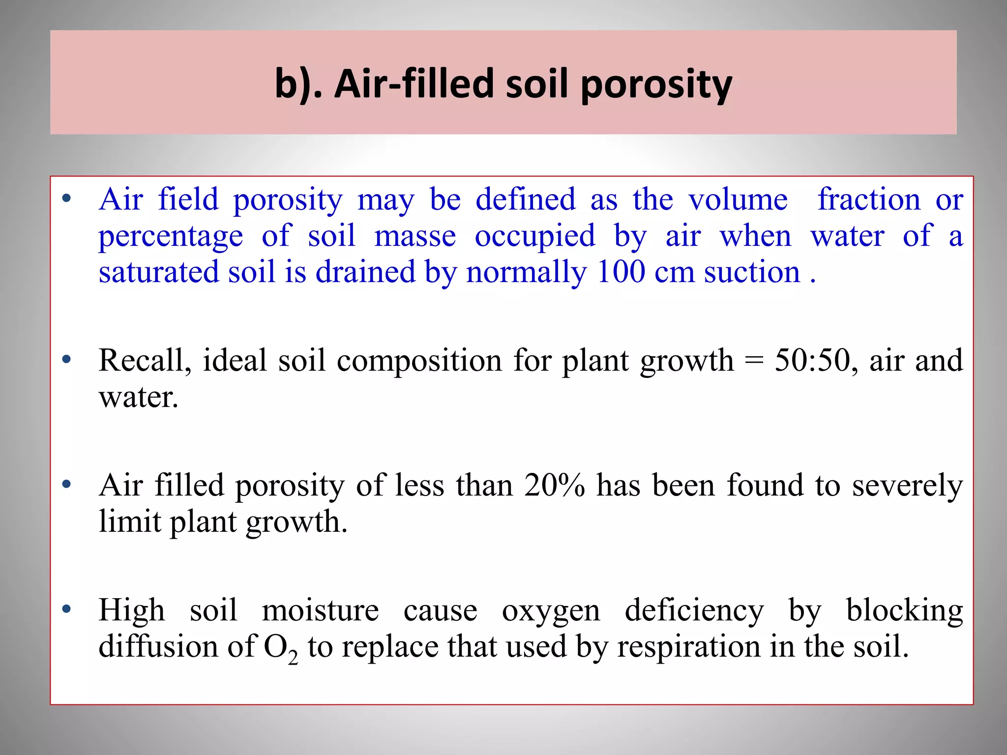 b). Air-filled soil porosity
• Air field porosity may be defined as the volume fraction or
percentage of soil masse occupied by air when water of a
saturated soil is drained by normally 100 cm suction .
• Recall, ideal soil composition for plant growth = 50:50, air and
water.
• Air filled porosity of less than 20% has been found to severely
limit plant growth.
• High soil moisture cause oxygen deficiency by blocking
diffusion of O2 to replace that used by respiration in the soil.
 