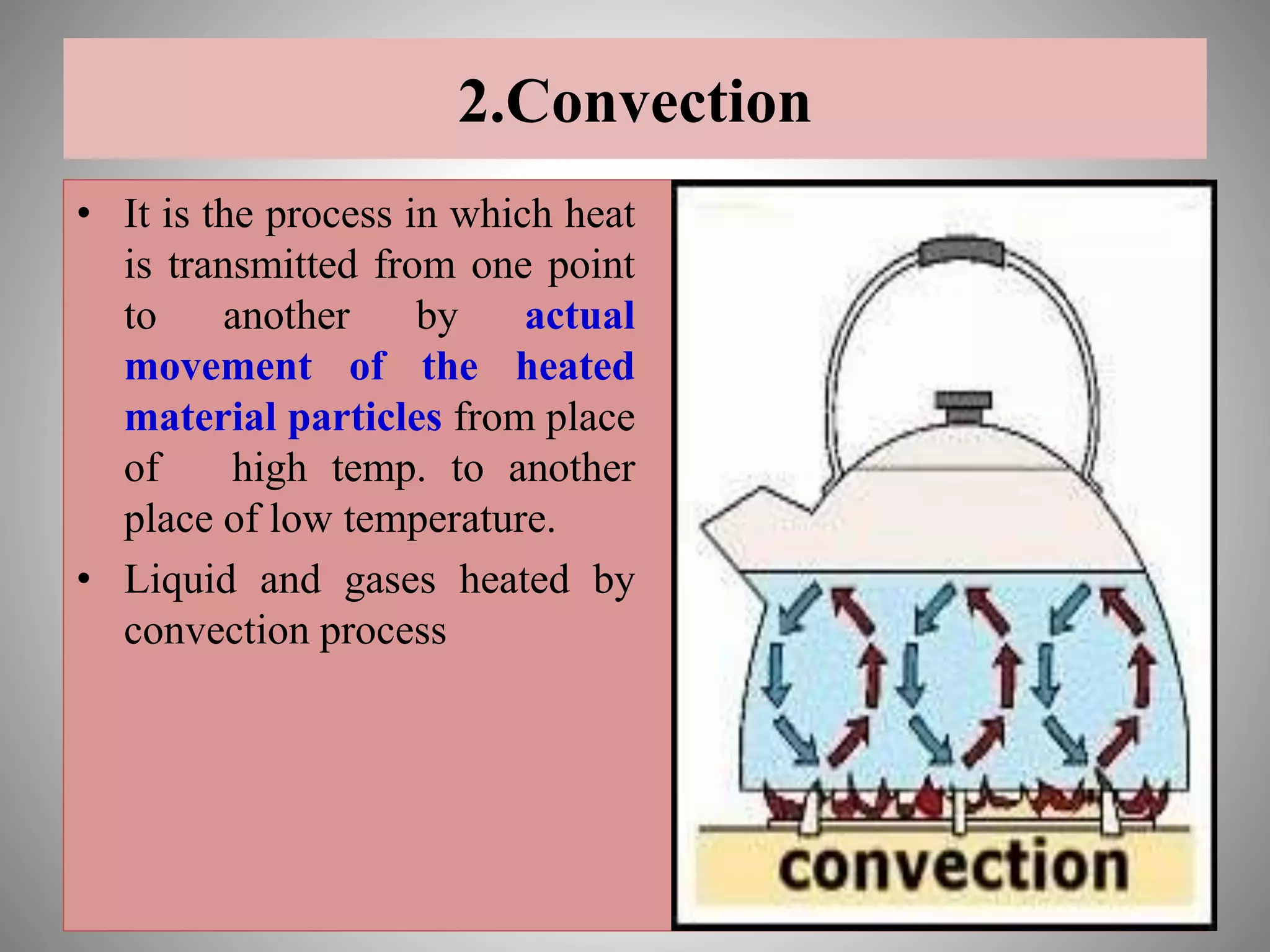 2.Convection
• It is the process in which heat
is transmitted from one point
to another by actual
movement of the heated
material particles from place
of high temp. to another
place of low temperature.
• Liquid and gases heated by
convection process
 