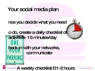 Your social media plan Once you decide what you need  to do, create a daily checklist of activities- 15 minutes/day Check in with your networks,    communicate A weekly checklist – 1-2 hours Read industry information,  share with customers 