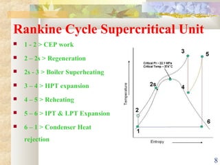Rankine Cycle Supercritical Unit
8
 1 - 2 > CEP work
 2 – 2s > Regeneration
 2s - 3 > Boiler Superheating
 3 – 4 > HPT expansion
 4 – 5 > Reheating
 5 – 6 > IPT & LPT Expansion
 6 – 1 > Condenser Heat
rejection
 