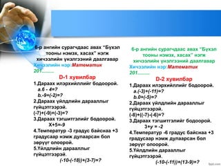 6-р ангийн сурагчдаас авах “Бүхэл
тооны нэмэх, хасах” нэгж
хичээлийн үнэлгээний даалгавар
Хичээлийн нэр:Математик
201.........
D-1 хувилбар
1.Дараах илэрхийллийг бодоорой.
a.6 - 4=?
b.-9+(-2)=?
2.Дараах үйлдлийн дарааллыг
гүйцэтгээрэй.
(-7)+(-9)+(-3)=?
3.Дараах тэгшитгэлийг бодоорой.
X+5=-9
4.Температур -3 градус байснаа +3
градусаар нэмж дулаарсан бол
зөрүүг олоорой.
5.Үйлдлийн дарааллыг
гүйцэтгээрэй.
(-10-(-18))+(3-7)=?
6-р ангийн сурагчдаас авах “Бүхэл
тооны нэмэх, хасах” нэгж
хичээлийн үнэлгээний даалгавар
Хичээлийн нэр:Математик
201.........
D-2 хувилбар
1.Дараах илэрхийллийг бодоорой.
a.(-3)+(-11)=?
b.0+(-5)=?
2.Дараах үйлдлийн дарааллыг
гүйцэтгээрэй.
(-8)+((-7)-(-6)=?
3.Дараах тэгшитгэлийг бодоорой.
3+y = -2
4.Температур -6 градус байснаа +3
градусаар нэмж дулаарсан бол
зөрүүг олоорой.
5.Үйлдлийн дарааллыг
гүйцэтгээрэй.
(-10-(-11))+(13-9)=?
 