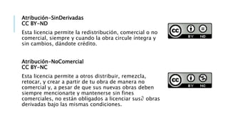 Atribución-SinDerivadas
CC BY-ND
Esta licencia permite la redistribución, comercial o no
comercial, siempre y cuando la obra circule íntegra y
sin cambios, dándote crédito.
Atribución-NoComercial
CC BY-NC
Esta licencia permite a otros distribuir, remezcla,
retocar, y crear a partir de tu obra de manera no
comercial y, a pesar de que sus nuevas obras deben
siempre mencionarte y mantenerse sin fines
comerciales, no están obligados a licenciar sus∂ obras
derivadas bajo las mismas condiciones.
 