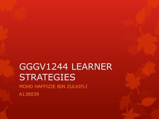 GGGV1244 LEARNER
STRATEGIES
MOHD HAFFIZIE BIN ZULKIFLI
A138039
 
