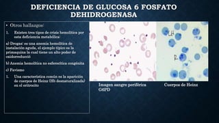 DEFICIENCIA DE GLUCOSA 6 FOSFATO
DEHIDROGENASA
• Otros hallazgos:
1. Existen tres tipos de crisis hemolítica por
esta defi...