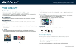 eCommerce User Experience | Page 12
HOMEPAGE REDESIGN USABILITY STUDY | 3.14.17
TEST SUMMARY
FREE SHIPPING
•	 80% of users can locate the free shipping promotion in the proposed design.
•	 96% of users know how to interact with this section in the proposed design.
•	 84% of users feel the interaction with the proposed shipping promotion meets their expectations.
•	 56% of users are more likely to purchase items to get free shipping.
BEST NEW DEALS
•	 52% of users feel this interaction is enjoyable, but it doesn’t meet or exceed their expectations.
WHAT’S IN THE BAG
•	 52% of users feel this interaction is enjoyable, but only 48% feel that this interaction meets or
exceeds their expectations.
M1/M2
•	 100% of users feel this interaction is enjoyable, and 76% feel that this interaction meets or exceeds
their expectations.
P2 TASKS
•	 Interaction ‘F’ predominantly wins for users when finding it informative, and ties with/loses to
interaction ‘E’ for users when finding it enjoyable (depending on individual rating versus ranking).
VIDEO
•	 Users depend on and understand video iconography and verbiage to signify video-based media.
SOCIAL MEDIA
•	 Users don’t make purchases based on product recommendations shared over social media, but
feel that they would be inclined to do so if the feature was offered.
•	 The following ‘Shop The Look’ section was rated more useful to users:
CAROUSELS
•	 The following carousel was rated more enjoyable and useful to users:
RECOMMENDATIONS
Interactive prototypes that create meaningful interactions with well thought out behaviors:
•	 give users clues about behavior before actions are taken
•	 provide systemic feedback in an acceptable response time
•	 and are utilized strategically
These types of interaction are preferred by users, and enhance customer experience.
E F
 