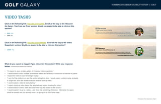 eCommerce User Experience | Page 9
HOMEPAGE REDESIGN USABILITY STUDY | 3.14.17
VIDEO TASKS
Click on the following link: http://bit.ly/2mc3hNf. Scroll all the way to the ‘Discover
the Game - Tips from our Pros’ section. Would you expect to be able to click on this
section?
•	 64% Yes
•	 36% No
Click on the following link: http://bit.ly/2meMMSM. Scroll all the way to the ‘Video
Snapshots’ section. Would you expect to be able to click on this section?
•	 100% Yes
What do you expect to happen if you clicked on this section? Write your response
below. (The following are random user responses)
•	 “I’d expect to open a video gallery of the actual video snapshots.”
•	 “I would expect to see ‘multiple’ promotional videos and a library of resources to improve my game.
•	 I expect the video to open and begin to play.”
•	 “I see the Play (video) icon and the section altogether dims, I would expect a video to play, probably
in a light-box since the embed looks too small to show a video.”
•	 “I would expect a video to start playing.”
•	 “I expect a pop up video player that automatically begins showing the video.”
•	 “I would expect to see a video because there is a play button on the picture.”
•	 “I would expect it to go to a video....and show me something of interest. Otherwise the space
would be wasted and you already have a lot going on on your home page.”
 